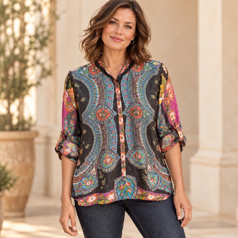 Johnny Was Blouse 100% Silk Paisley Floral Womens S Roll Tab Button Down Black